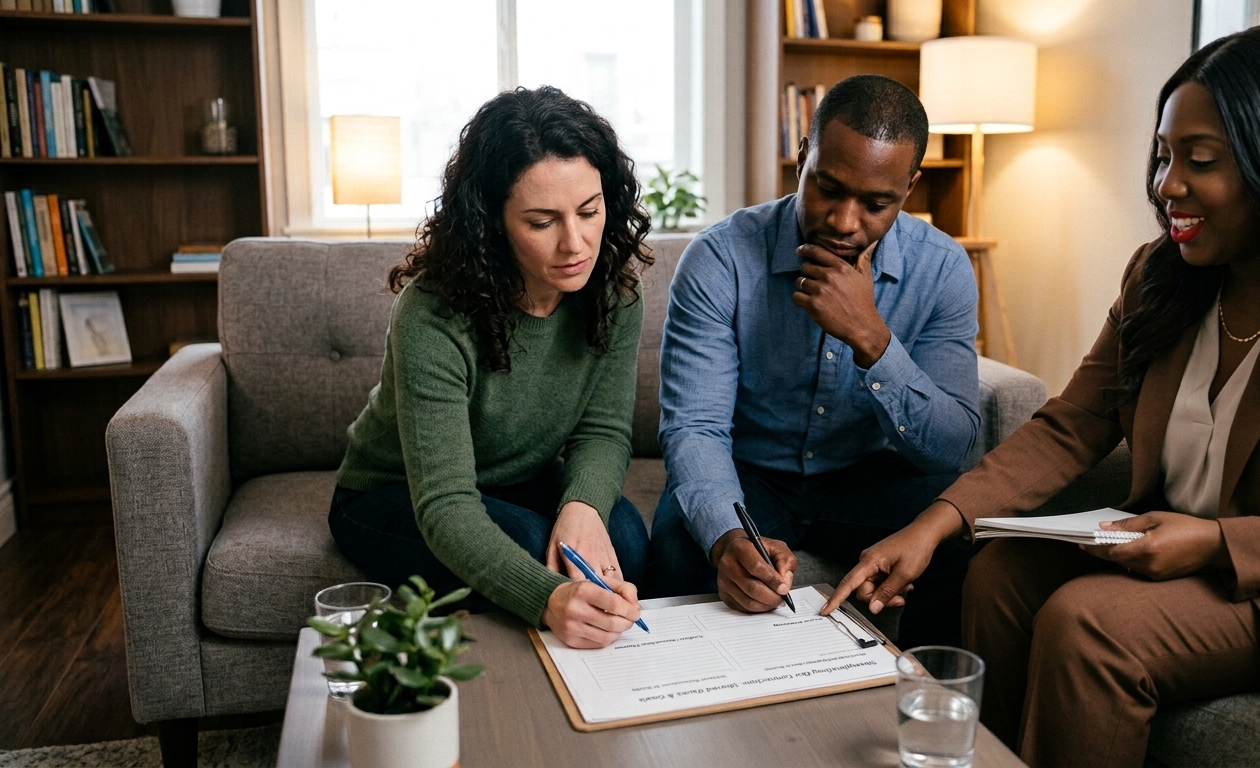 Couple meeting with a therapist during an intensive session