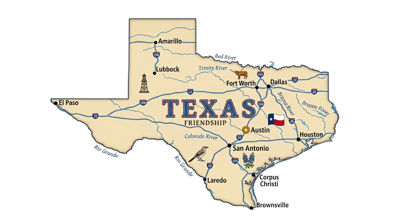 Illustrated map of Texas showing Amarillo, Lubbock, El Paso, Fort Worth, Dallas, Austin, San Antonio, Houston, Laredo, Corpus Christi, and Brownsville, with the Red River, Trinity River, Brazos River, Colorado River, and Rio Grande marked